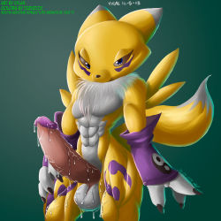 1boy 2019 abs artist_collaboration bare_shoulders blue_eyes chest_tuft dated detached_sleeves digimon digimon_(creature) digimon_tamers facial_mark fingernails furry furry_male hand_on_leg looking_at_viewer muscular muscular_male penis pointy_ears renamon sharp_fingernails signature standing tail testicles tiquitoc watermark web_address white_fur xylas yellow_fur yin_yang yin_yang_print