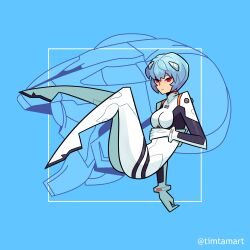 artist_name ayanami_rei blue_background blue_hair bodysuit commentary english_commentary eva_00 full_body highres interface_headset_(evangelion) mecha mecha_pilot_suit neon_genesis_evangelion plugsuit_(evangelion) red_eyes robot short_hair timtam white_bodysuit