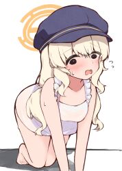 1girl absurdres all_fours aoba_(blue_archive) apron artist_request black_eyes blonde_hair blue_archive blue_hat blush breasts cafeman conductor_hat crawling embarrassed frilled_apron frills halo hat highres loli long_hair naked_apron open_mouth small_breasts solo squiggle_eyes surprised sweat white_apron white_background white_hair