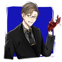 1boy black-framed_eyewear black_necktie black_suit blue_background brown_hair cigarette formal_clothes glasses gloves green_eyes highres hypnosis_mic iruma_jyuto male_focus necktie red_gloves smile solo suit upper_body yaoya315