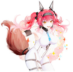 Rule 34 | 1girl, absurdres, armlet, bare shoulders, black bow, bodysuit, bow, breasts, collar, commentary, earrings, hair bow, hairband, headgear, highres, jewelry, light blush, looking at viewer, lupa (wuthering waves), medium breasts, metal collar, metal hairband, mf (7554), multiple hair bows, open mouth, pink hair, smile, solo, symbol-only commentary, tail, twintails, white bodysuit, wolf tail, wuthering waves, yellow eyes