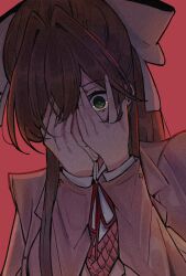 1girl bow commentary doki_doki_literature_club doki_doki_literature_club_school_uniform formal_clothes green_eyes grey_suit hair_bow hand_over_eye hand_over_face highres long_hair long_sleeves looking_at_viewer monika_(doki_doki_literature_club) red_background red_hair red_ribbon ribbon school_uniform shirt shoulder_pads simple_background solo suit upper_body white_bow white_shirt yananeruu