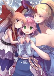 3girls :d @_@ absurdres armpits blonde_hair blue_hat blue_kimono blue_shirt blue_skirt blush bow bowtie breasts brown_eyes brown_hair cleavage collarbone commentary_request elaphe_guttata6 fangs girl_sandwich grabbing_another&#039;s_breast green_eyes grey_background groping hair_bow hat highres horn_ornament horn_ribbon horns hoshiguma_yuugi huge_breasts ibuki_suika japanese_clothes kimono lightning long_hair looking_at_another medium_hair multiple_girls okunoda_miyoi open_mouth orange_eyes pink_hair ponytail pout purple_ribbon purple_sash purple_skirt red_bow red_bowtie ribbon ribs sandwiched sash shirt single_horn skirt smile striped_ribbon sweatdrop touhou whale_hat white_shirt