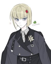 1girl blonde_hair blue_eyes closed_mouth eyelashes female_focus japanese_text looking_at_viewer oosuzuki_kurara simple_background solo solo_focus the_hundred_line_-last_defense_academy- tomato translation_request white_background
