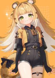 1girl :3 absurdres animal_ear_fluff animal_ears bell black_bow black_gloves black_shirt black_shorts blonde_hair bow breasts closed_mouth collared_shirt commentary delfino elbow_gloves fingerless_gloves gloves green_eyes highres jacket jingle_bell ju_fufu long_hair looking_at_viewer shirt short_shorts shorts small_breasts solo tail tail_bow tail_ornament thigh_strap three-quarter_sleeves tiger_ears tiger_girl tiger_tail yellow_jacket zenless_zone_zero