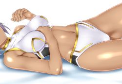 00s 1girl aria_(manga) arm_between_breasts athena_glory bed_sheet between_breasts breasts close-up dakimakura_(medium) dark-skinned_female dark_skin female_focus halterneck head_out_of_frame lying midriff navel okina_ika on_back panties solo underwear