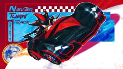 1boy absurdres black_fur body_fur car english_text furry furry_male highres kornart male_focus motor_vehicle red_fur riding shadow_the_hedgehog solo sonic_(series) sonic_racing:_crossworlds two-tone_fur