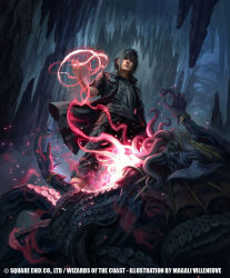 1boy black_hair black_jacket black_pants black_shirt cave cave_interior copyright_notice final_fantasy final_fantasy_xv glowing glowing_hand highres jacket jewelry looking_down magali_villeneuve magic magic:_the_gathering mind_flayer monster noctis_lucis_caelum official_art pants ring shirt skull_print spiked_hair stalactite stalagmite tentacles