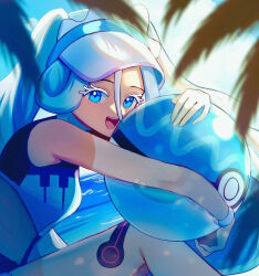 Rule 34 | 1girl, beach, blue eyes, blue hair, blue sky, blush, breasts, crop top, dive ball, from side, hair between eyes, hatsune miku, holding, hug, long hair, looking at viewer, medium breasts, nintendo, official alternate costume, official alternate hairstyle, open mouth, poke ball, pokemon, project voltage, sky, smile, solo, suzuno suzuran, tan, tanline, twintails, very long hair, visor cap, vocaloid, water miku (project voltage)