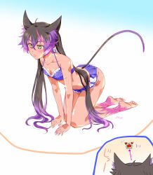 1girl animal_ears artist_name bikini bikini_skirt black_hair breasts cat_ears cat_girl cat_tail celine_(sen_no_kiseki) commentary crab crawling eiyuu_densetsu furry furry_female hajimari_no_kiseki long_hair multicolored_hair purple_hair sen_no_kiseki_(series) sideburns simple_background small_breasts solo streaked_hair swimsuit tail tail_raised two-tone_background two-tone_hair white_background xiacheng_tatsuya