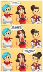 3girls absurdres black_hair blue_eyes blue_hair blush breasts bulma chi-chi_(dragon_ball) cleavage comic dragon_ball embarrassed english_text female_focus highres large_breasts medium_hair multiple_girls nipples nortuet short_hair simple_background small_breasts smile videl
