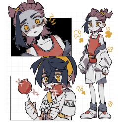 1boy age_toufu black_hair blush candy_apple closed_mouth crossed_bangs flower_symbol food hair_between_eyes hairband highres holding holding_food jacket kieran_(pokemon) long_sleeves male_focus multicolored_hair multiple_views nintendo off_shoulder open_mouth orange_eyes orange_hairband pokemon pokemon_sv purple_hair red_tank_top shaded_face shoes short_sleeves shorts simple_background socks sparkle standing tank_top white_jacket white_shorts