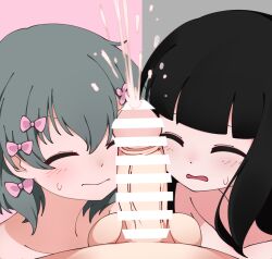 1boy 2girls bar_censor black_hair blunt_bangs blush bow censored closed_eyes closed_mouth collarbone completely_nude crossover cum ejaculation flower green_hair hair_between_eyes hair_bow hair_flower hair_ornament hetero highres inabakumori iyowa_girls kurari-chan_(iyowa) kyu-kurarin_(cevio) long_hair multiple_girls multiple_hair_bows nazunobasho nude open_mouth osage_(nukunuku_nigirimeshi) penis pink_bow pink_flower pov short_hair sidelocks split_theme sweat testicles variant_set veins veiny_penis