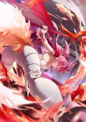 1girl absurdres armlet ass boots chigusa7h commentary from_behind highres holding holding_polearm holding_weapon jewelry long_hair looking_at_viewer looking_back lupa_(wuthering_waves) parted_lips pink_hair polearm red_pupils red_sash sash solo symbol-only_commentary tail thigh_boots weapon white_boots wolf_tail wrist_guards wuthering_waves yellow_eyes