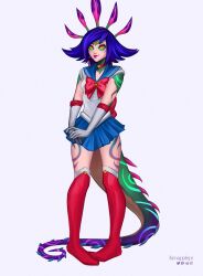 Rule 34 | 1girl, absurdres, artist name, bare shoulders, barefoot, blue hair, blue sailor collar, blue skirt, boots, bow, bowtie, collarbone, colored skin, cosplay, english text, flipped hair, green skin, grey background, highres, kenapplepi, league of legends, multicolored hair, navel, neeko (league of legends), own hands together, pink hair, pink skin, pleated skirt, purple skin, red boots, red bow, red bowtie, sailor collar, sailor moon, sailor moon (cosplay), shirt, simple background, skirt, slit pupils, smile, solo, stomach, thigh boots, two-tone hair, white shirt, yellow eyes