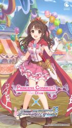 1girl belt breasts brown_eyes brown_hair commentary crossover dress english_commentary english_text frilled_dress frills full_body gloves hair_ornament highres idolmaster idolmaster_cinderella_girls official_art open_mouth outdoors pink_dress princess_connect! ribbon shimamura_uzuki skirt standing tongue white_gloves