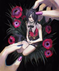 1girl ame-chan_(needy_girl_overdose) black_background black_eyes black_hair black_socks flower frilled_sleeves frills full_body hair_ornament hair_over_one_eye hands_on_lap head_tilt highres holding_own_hand injury large_hands looking_at_viewer mini_person minigirl multicolored_nails multiple_scars neck_ribbon needy_girl_overdose on_grass on_ground open_mouth pao_(i_loxe_u) red_shirt ribbon scar scar_on_arm seiza shirt short_twintails sitting skirt socks solo suspender_skirt suspenders twintails wrist_cutting x_hair_ornament