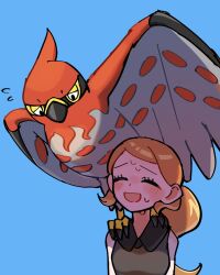 1girl animal animal_on_shoulder bird bird_on_shoulder black_shirt blue_background brown_hair gen_6_pokemon highres long_hair nintendo pitorigoto pokemon pokemon_(creature) ponytail shirt simple_background sleeveless sleeveless_shirt solo talonflame