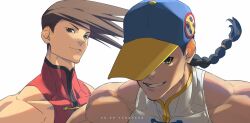 Rule 34 | 2boys, bare shoulders, baseball cap, black eyes, black hair, braid, brothers, brown hair, character name, close-up, closed mouth, collarbone, commentary, covered face, dated, english commentary, hat, light smile, long bangs, looking at viewer, male focus, mandarin collar, multicolored hat, multiple boys, muscular, muscular male, one eye covered, shaded face, siblings, simple background, single braid, skin tight, sleeveless, smile, street fighter, street fighter iii (series), talgi, teeth, twins, upper body, white background, yang lee, yun lee