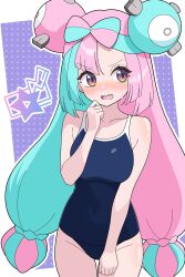 1girl blue_hair blue_one-piece_swimsuit blush bow-shaped_hair breasts character_hair_ornament hair_ornament highres iono_(pokemon) long_hair looking_at_viewer medium_breasts multicolored_hair nintendo odorukaminoke one-piece_swimsuit open_mouth pink_hair pokemon pokemon_sv school_swimsuit sharp_teeth solo swimsuit teeth two-tone_hair