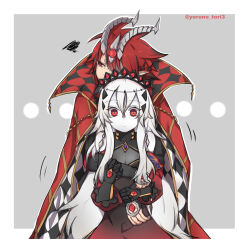 1boy 1girl aluber_(yu-gi-oh!) aluber_the_jester_of_despia black_dress black_gloves black_tiara blazing_cartesia_the_virtuous breasts checkered_clothes cleavage cloak closed_mouth dragon_horns dress duel_monster ecclesia_(yu-gi-oh!) gloves hair_over_one_eye hand_on_another&#039;s_arm horns hug hug_from_behind kuro-nue224819 large_breasts long_hair red_cloak red_eyes red_hair short_hair simple_background the_bystial_aluber tiara twitter_username white_hair wide-eyed yu-gi-oh!