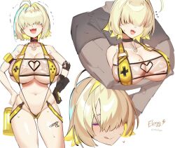 Rule 34 | 1boy, 1girl, :p, arm under breasts, black choker, black gloves, blonde hair, blush, breasts, choker, cleavage cutout, clothing cutout, commentary, ddg160, elbow pads, elegg (boom and shock) (nikke), elegg (nikke), fang, flying sweatdrops, gloves, goddess of victory: nikke, groin, hair over eyes, hands on own hips, heart cutout, hug, hug from behind, huge breasts, large breasts, long bangs, multicolored hair, multiple views, navel, official alternate costume, open mouth, purple eyes, seductive smile, short hair, simple background, single elbow pad, single glove, skin fang, slingshot swimsuit, smile, swimsuit, thick thighs, thighs, tongue, tongue out, underboob, white background, yellow slingshot swimsuit