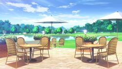 Rule 34 | blue sky, blurry, brick, bush, chair, cloud, cloudy sky, day, depth of field, forest, highres, lake, lamppost, nature, no humans, non-web source, official art, our life: beginnings and always, outdoors, park, reflection, reflective water, scenery, sky, table, tile floor, tiles, tree, wooden chair, wooden table