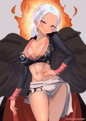 Rule 34 | 1girl, aged up, artist name, black feathers, black wings, blush, breasts, cape, cleavage, crop top, dark-skinned female, dark skin, feathered wings, feathers, fire, gokujouhamael, hamaeru, hand on own hip, long sleeves, looking at viewer, miniskirt, navel, no panties, one piece, s-snake, seductive smile, skirt, smile, solo, thighs, twitter username, white hair, wings