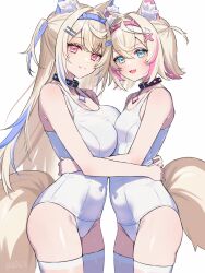2girls :d animal_collar animal_ear_fluff animal_ears arms_around_waist asymmetrical_docking bandaid bandaid_hair_ornament black_collar blonde_hair blue_eyes blue_hair blue_hairband breast_press breasts cleavage closed_mouth collar covered_navel crossed_bangs dog_ears dog_girl dog_tail double-parted_bangs fang fuwawa_abyssgard hair_between_eyes hair_intakes hair_ornament hairband hairclip highres hololive hololive_english horn_hairband large_breasts long_hair looking_at_viewer mococo_abyssgard multicolored_hair multiple_girls one-piece_swimsuit open_mouth pink_eyes pink_hair pink_hairband school_swimsuit short_hair siblings simple_background sisters skin_fang small_breasts smile spiked_collar spikes streaked_hair swimsuit tail thighhighs twins two_side_up virtual_youtuber white_background white_one-piece_swimsuit white_thighhighs x_hair_ornament you06