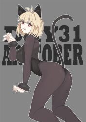 1girl absurdres alternate_costume animal_ears arcueid_brunestud arcueid_brunestud_(monster_cat) ass black_bodysuit blush bodysuit breasts cat_ears cat_girl fake_animal_ears fake_tail fang highres jonyeld kagetsu_tooya large_breasts leotard looking_at_viewer official_alternate_costume on_floor paw_pose presenting presenting_ass red_eyes sideboob tail tsukihime tsukihime_(remake)