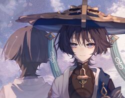 Rule 34 | 2boys, artist name, black bodysuit, black hair, blue cape, blue hat, blue sky, blunt ends, bodysuit, cape, closed mouth, cloud, cloudy sky, covered collarbone, dual persona, eyelashes, eyeliner, eyeshadow, facing away, falling petals, genshin impact, gold, grey hair, hat, jairosan, japanese clothes, jingasa, kariginu, kimono, looking at another, makeup, mandarin collar, multicolored hair, multiple boys, open clothes, open kimono, outdoors, petals, purple eyes, purple kimono, red eyeliner, red eyeshadow, scaramouche (genshin impact), scaramouche (kabukimono) (genshin impact), shoulder peek, sky, smile, streaked hair, tsurime, wanderer (genshin impact), white kimono, white petals, white sleeves, white trim