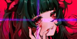 1girl :d absurdres blush brown_hair butterfly-shaped_pupils close-up eyelashes facial_mark finger_to_mouth gradient_hair grin hands_on_own_face highres honkai:_star_rail honkai_(series) ketari long_hair looking_at_viewer makeup mark_under_both_eyes multicolored_hair open_mouth parted_lips red_background red_eyes red_nails simple_background smile solo sparkle_(honkai:_star_rail) symbol-shaped_pupils teeth