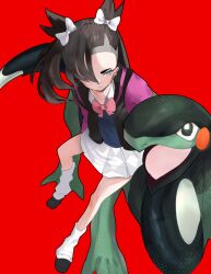 1girl asymmetrical_bangs black_hair bow bowtie closed_mouth collared_shirt commentary creatures_(company) cyclizar eyelashes game_freak green_eyes hair_bow highres jacket loose_socks marnie_(academy)_(pokemon) marnie_(marnielovesyou) marnie_(pokemon) nintendo official_alternate_costume open_clothes open_jacket pink_bow pink_bowtie pleated_skirt pokemon pokemon_(creature) pokemon_masters_ex red_background shirt shoes skirt socks vest white_bow white_skirt white_socks