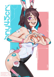 Rule 34 | 1girl, animal ears, ascari megane (aurahack), aurahack, bandaid, bandaid on face, bandaid on nose, black hair, black thighhighs, blue hair, breasts, cat ears, cat girl, cleavage, colored inner hair, commentary, cyborg, detached collar, english commentary, fake animal ears, fang, heart, heart hands, heterochromia, highres, leotard, lgbt pride, looking at viewer, medium breasts, miqo&#039;te, multicolored hair, nail polish, nontraditional playboy bunny, original, pink eyes, purple eyes, rabbit ears, short hair, smile, solo, strapless, strapless leotard, teeth, thighhighs, transgender flag, two-tone hair, upper teeth only