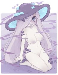 1girl blue_eyes blush breasts cleft_of_venus constricted_pupils full_body fungi hair_over_one_eye highres inverted_nipples long_hair looking_at_viewer medium_breasts multicolored_eyes mushroom mushroom_girl mushroom_hat nipples nude open_mouth original purple_eyes purple_hair pussy saliva saliva_trail smile smoke solo unarsite