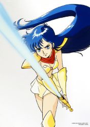 1990s_(style) 1girl armor asou_yuuko attack belt bikini_armor blue_eyes blue_hair boots female_focus game knee_boots long_hair looking_at_viewer matching_hair/eyes microskirt midriff miniskirt mugen_senshi_valis navel nec neckerchief official_art pc_engine retro_artstyle simple_background skirt solo sword telenet_japan valis valis_sword very_long_hair weapon white_background
