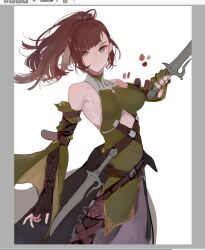 Rule 34 | 1girl, art program in frame, belt, blunt bangs, brown hair, clothing cutout, cowboy shot, dagger, detached sleeves, dress, fingerless gloves, gloves, green dress, green eyes, halterneck, highres, holding, holding dagger, holding knife, holding weapon, knife, leg belt, looking at viewer, original, sidelocks, smile, solo, stomach cutout, twisted torso, weapon, yoimon
