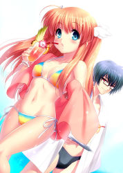 10s 1boy 1girl ahoge bikini black_hair black_male_swimwear black_swim_briefs blue_eyes blush breasts brown_hair collarbone covered_erect_nipples drink drinking_straw dutch_angle food fruit glass glasses hair_ornament holding male_swimwear multicolored_bikini multicolored_stripes navel ootori_chihaya ootori_sakuya orange_(fruit) orange_slice parted_lips pineapple pineapple_slice red_eyes rewrite semi-rimless_eyewear short_hair side-tie_bikini_bottom sparkle striped swim_briefs swimsuit topless_male towel tray under-rim_eyewear wing_hair_ornament winged_hair_ornament zen