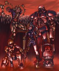Rule 34 | 1girl, 3boys, armor, crazy smile, full armor, full body, grunt (quake), gunner (quake), helmet, icarus (quake), iron maiden (quake), looking at viewer, machinery, multiple boys, pixiv fantasia, prosthesis, quake (game), quake (series), quake 1, quake 2, shoulder pads, smile, standing, strogg, technician (quake), wasprade