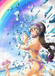 2girls ;d akemi_homura ass beach bikini black_hair blue_sky braid breasts cloud day finger_on_trigger firing grin hairband highres holding holding_water_gun kaname_madoka long_hair mahou_shoujo_madoka_magica mahou_shoujo_madoka_magica_(anime) multiple_girls ocean one_eye_closed open_mouth outdoors pink_bikini pink_hair purple_bikini purple_eyes purple_hairband rainbow red-framed_eyewear reiwanoshiro sky small_breasts smile swimsuit twin_braids very_long_hair water water_gun wet