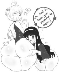 !? +_+ 2girls absurdres ass black_hair black_leotard cardcaptor_sakura constricted_pupils cowboy_shot cropped_legs daidouji_tomoyo from_behind highres huge_ass kinomoto_sakura leaning_forward leotard long_hair long_sleeves looking_back monochrome multiple_girls open_mouth short_hair simple_background sleeveless speech_bubble standing surprised sweat thanuki white_background yuri