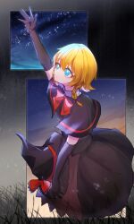 1girl absurdres apron arm_up artist_request black_capelet black_gloves black_hat black_skirt black_vest blonde_hair blue_eyes bow bowtie braid bright_pupils brown_apron capelet closed_mouth commission cookie_(touhou) cowboy_shot elbow_gloves expressionless gloves grass hair_between_eyes hair_bow hat hat_bow highres inset kirisame_marisa looking_afar meguru_(cookie) reaching red_bow red_bowtie second-party_source short_hair side_braid single_braid skirt skirt_set sky solo star_(sky) starry_sky touhou unworn_hat unworn_headwear vest waist_apron white_pupils witch_hat