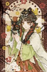 1girl absurdres artist_name black_hair braid branch brown_background bug butterfly chinese_clothes closed_mouth cloud feather_boa flower green_hanfu hands_up hanfu highres holding holding_mask insect liang_yue_(reverse:1999) long_hair looking_at_viewer low_twin_braids mark_under_both_eyes mask mask_on_head plum_blossoms red_flower red_skirt reverse:1999 skirt smile solo twin_braids upper_body watermark weibo_watermark wide_sleeves yellow_butterfly yellow_eyes zhuyingmiao