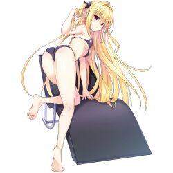 Rule 34 | 1girl, adjusting hair, ass, barefoot, beach chair, bikini, black bikini, blonde hair, breasts, dolphin wave, hair intakes, highres, konjiki no yami, long hair, looking at viewer, non-web source, official art, ootomo takuji, red eyes, small breasts, solo, swimsuit, to love-ru, to love-ru darkness, transparent background, twintails, two side up