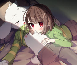 1boy 1other asriel_dreemurr blush brown_hair chara_(undertale) closed_eyes clothes_lift deltarune goat_boy green_sweater highres leftporygon nipples on_bed open_mouth red_eyes short_hair sweat sweater sweater_lift white_fur yellow_sweater