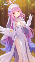 1girl ainy alternate_costume artist_name blue_archive blue_halo breasts cleavage closed_mouth commentary_request dress hair_bun halo highres large_breasts light_particles long_hair looking_at_viewer low_wings mika_(blue_archive) nun own_hands_together pink_dress pink_hair pink_halo pink_veil single_hair_bun single_side_bun smile solo veil very_long_hair white_wings wing_ornament wings yellow_eyes