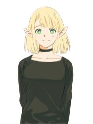 1girl alternate_hair_length alternate_hairstyle arms_behind_back black_shirt blonde_hair bob_cut breasts closed_mouth dungeon_meshi frs2 green_eyes highres long_sleeves looking_at_viewer marcille_donato medium_breasts shirt short_hair simple_background solo upper_body white_background