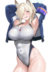 1girl animal_ear_fluff animal_ears armpits arms_up blonde_hair blue_archive blue_jacket breasts cowboy_shot dog_ears dog_girl grey_eyes hair_over_one_eye halo haro_art high_ponytail highres jacket kanna_(blue_archive) kanna_(swimsuit)_(blue_archive) large_breasts one-piece_swimsuit ponytail sharp_teeth simple_background solo swimsuit teeth whistle whistle_around_neck white_background white_one-piece_swimsuit