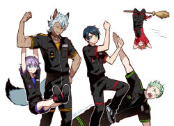 5boys ace_trappola animal_ears black_pants black_shirt black_shorts blue_eyes blue_hair broom broom_riding commentary_request deuce_spade epel_felmier funuyu green_hair grey_hair hand_on_own_hip jack_howl male_focus multiple_boys night_raven_college_gym_uniform pants purple_hair sebek_zigvolt shirt shorts simple_background standing standing_on_one_leg swinging tail twisted_wonderland white_background wolf_boy wolf_ears wolf_tail yellow_eyes