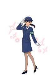 Rule 34 | 1girl, armband, black hair, black necktie, black shoes, blue eyes, blue hat, blue jacket, blue skirt, brown pantyhose, closed mouth, collared shirt, full body, gloves, green armband, hat, high heels, jacket, japan national police, long sleeves, looking at viewer, medium hair, meitantei conan, miike naeko, miniskirt, necktie, non-web source, official art, pantyhose, pencil skirt, police, police hat, police uniform, policewoman, salute, shirt, shoes, skirt, smile, solo, sparkle, standing, transparent background, twintails, white gloves, white shirt